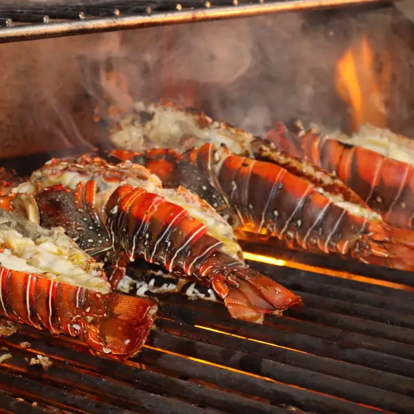 Lobster tails cooking over the flames of the grill
