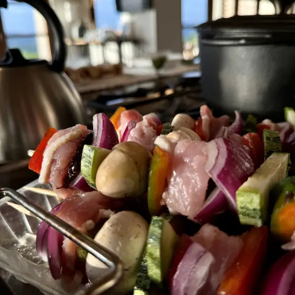 Colorful skewers of meat and vegetables ready for the grill