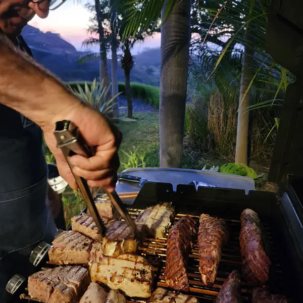 Grilling steak, chicken and plantains at sunset in Tamarindo