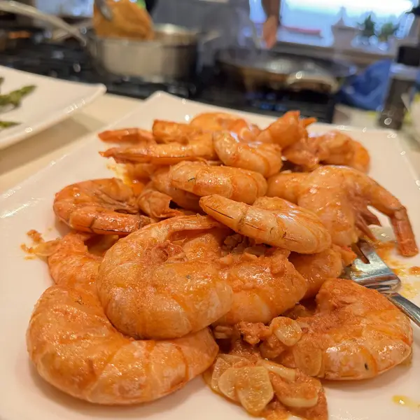 Garlic shrimp served family style